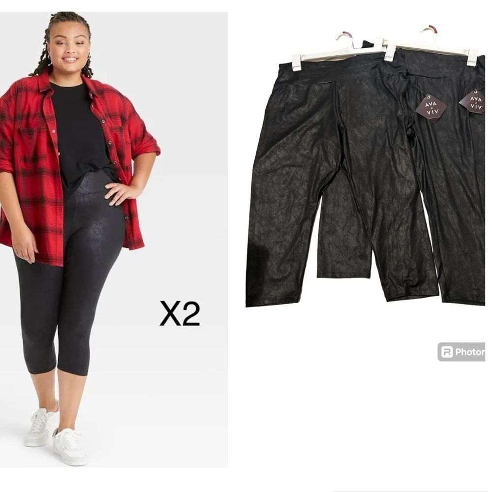 NWT Bundle of 2 Ava & Viv Liquid Shine Crop Black  Leggings Plus Size 1X 16W/18W